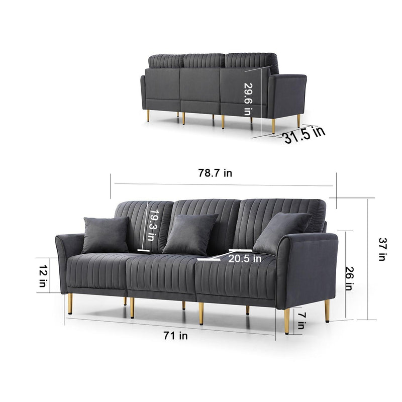 Modern Velvet Upholstered Sofa Couch 3 Seat Channel Tufted Back and Cushion Seat, Metal Legs, Sleeper Sofa for Living Room, Compact Living Space, Apartment, Bonus Room, Grey - Urban Living Furniture (Los Angeles, CA)