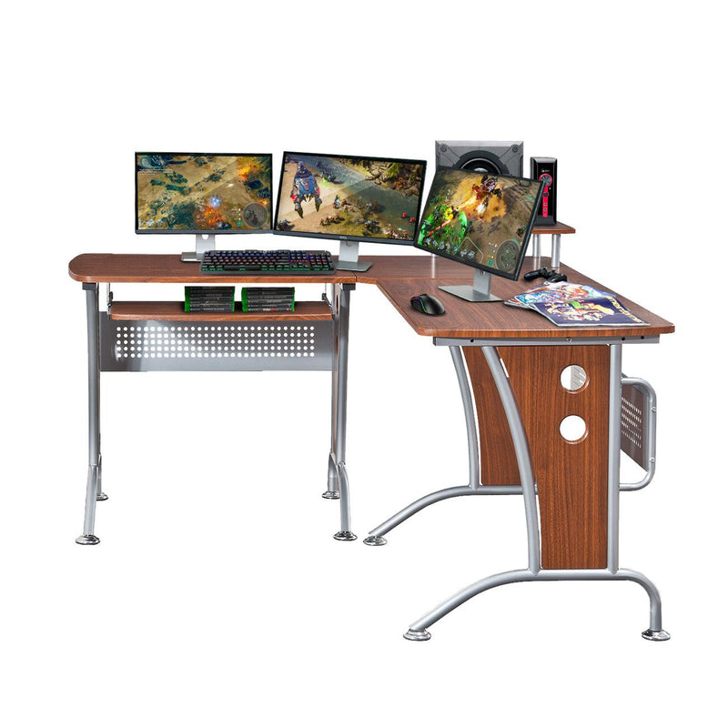 Techni Mobili Deluxe L-Shaped Computer Desk With Pull Out Keyboard Panel, Mahogany