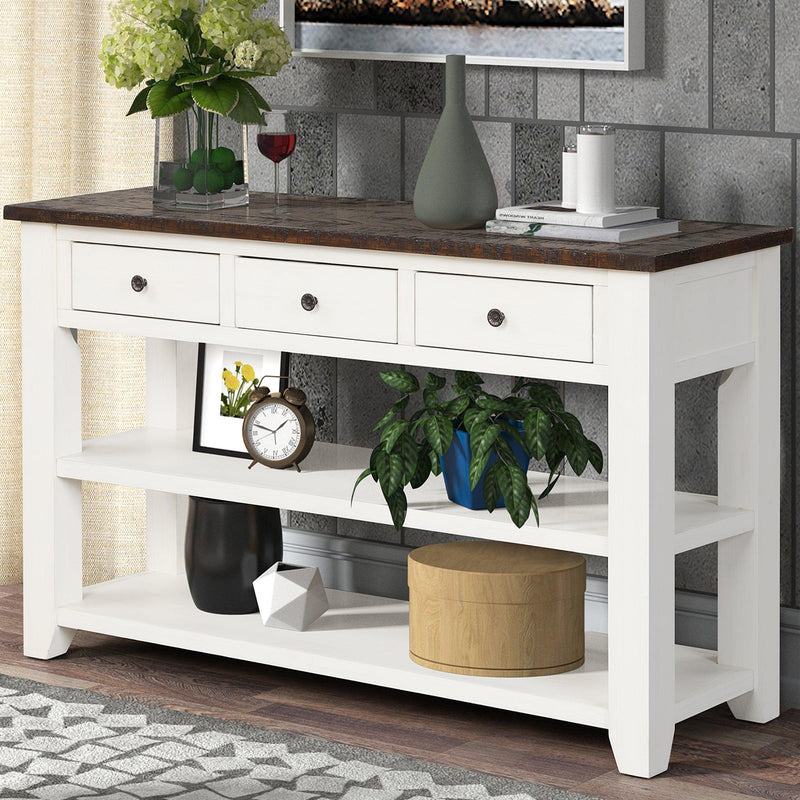 48'' Solid Pine Wood Top Console Table,Modern Entryway Sofa Side Table with 3Storage Drawers and 2 Shelves. Easy to Assemble (Antique White+ Brown Top) - Urban Living Furniture (Los Angeles, CA)