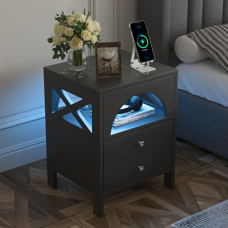 Nightstand with USB Charging Ports and LED Lights,End Table with 2 Drawers and Shelf,Black - Urban Living Furniture (Los Angeles, CA)