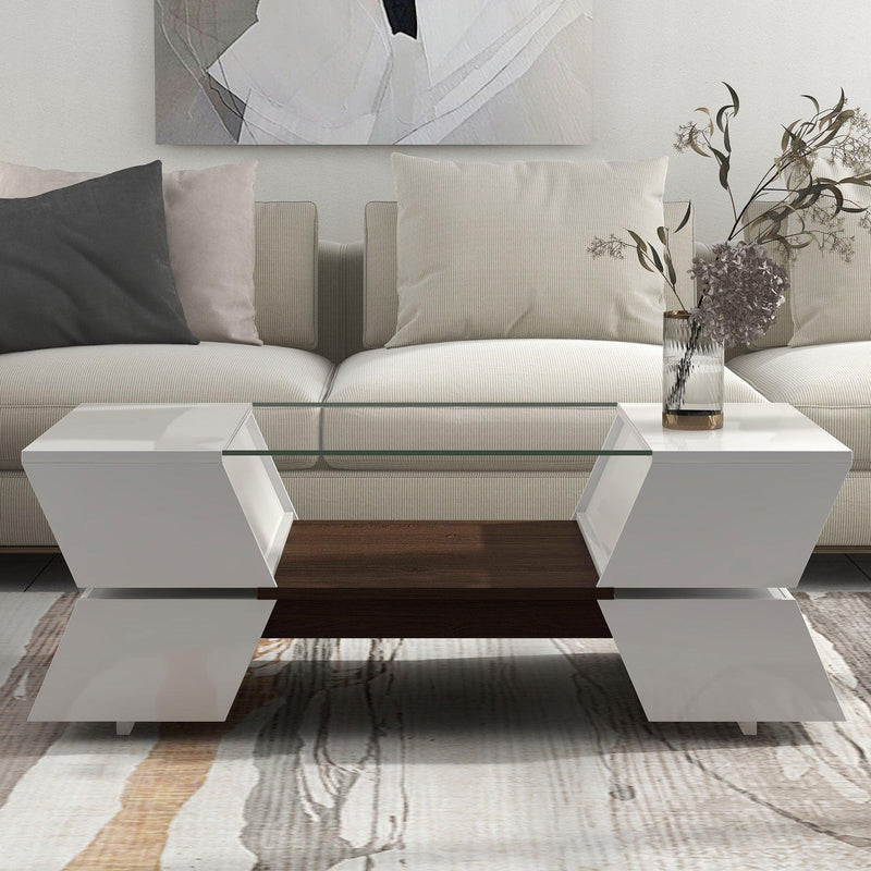 6mm Glass-Top Coffee Table with Open Shelves and Cabinets, Geometric Style Cocktail Table with GreatStorage Capacity,Modernist 2-Tier Center Table for Living Room, White - Urban Living Furniture (Los Angeles, CA)