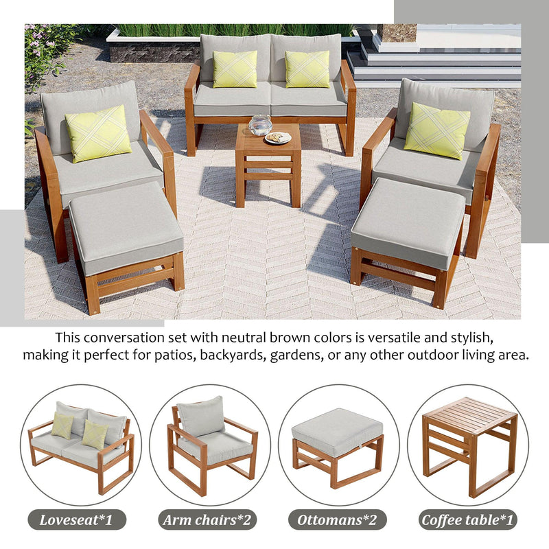 Outdoor Patio Wood 6-Piece Conversation Set, Sectional Garden Seating Groups Chat Set with Ottomans and Cushions for Backyard, Poolside, Balcony, Grey - Urban Living Furniture (Los Angeles, CA)