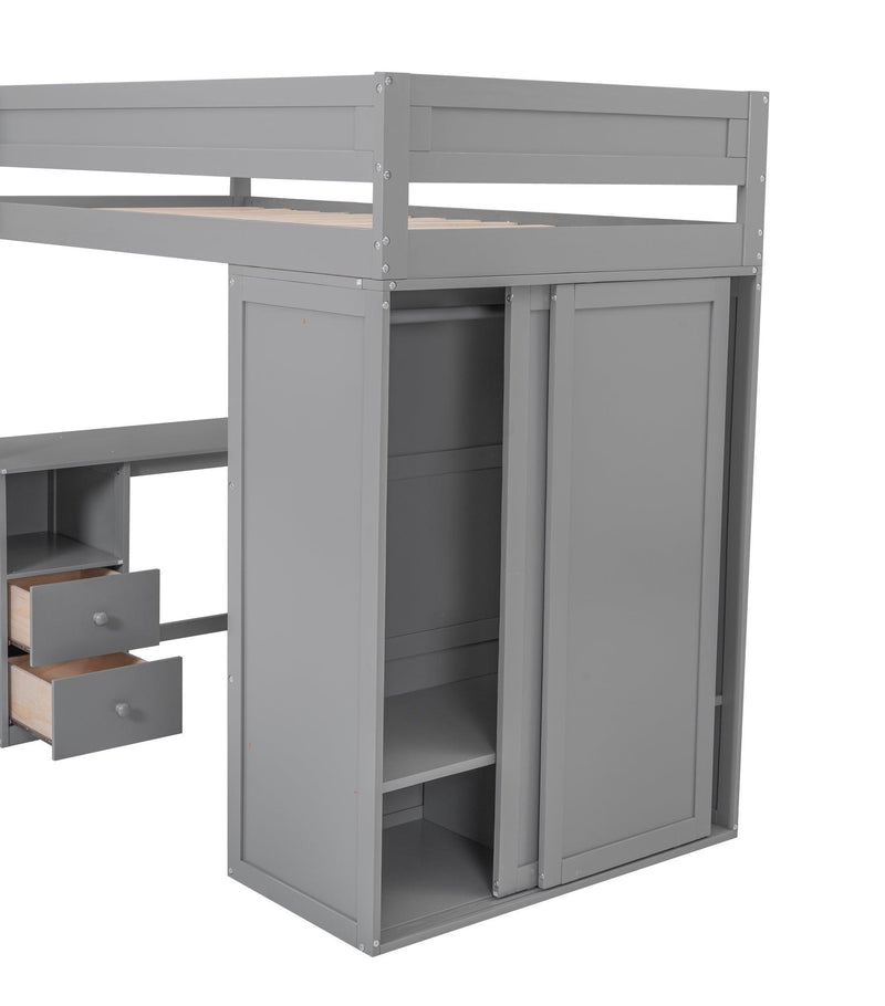 Wood Twin Size Loft Bed with Wardrobes and 2-Drawer Desk with Cabinet, Gray - Urban Living Furniture (Los Angeles, CA)