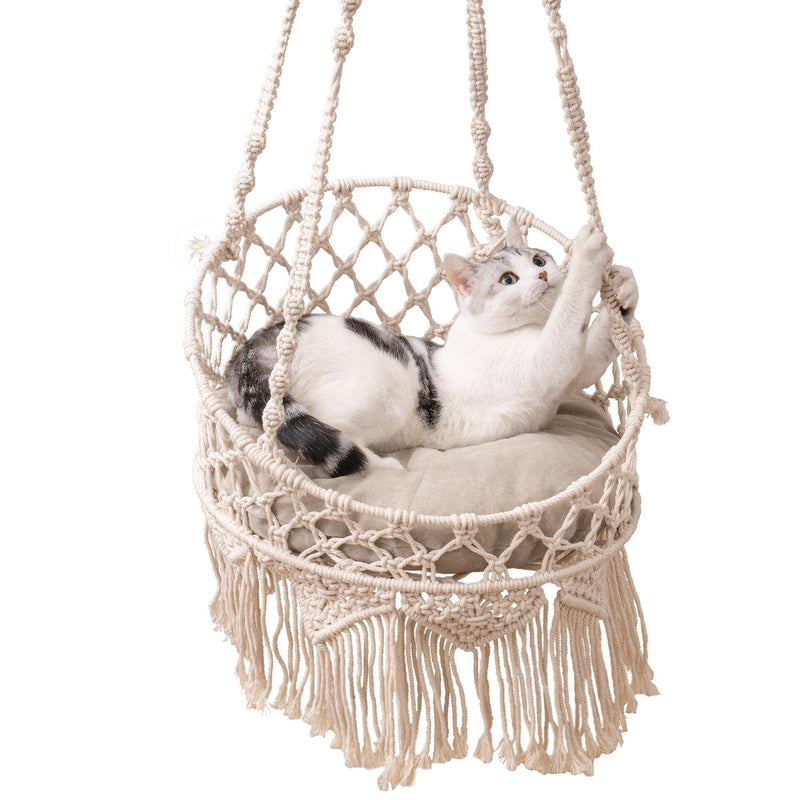 Macrame Cat Hammock, Hanging Cat Bed Hammock Cat Swing for Indoor Cats, Boho Cat Swing Bed for Sleeping