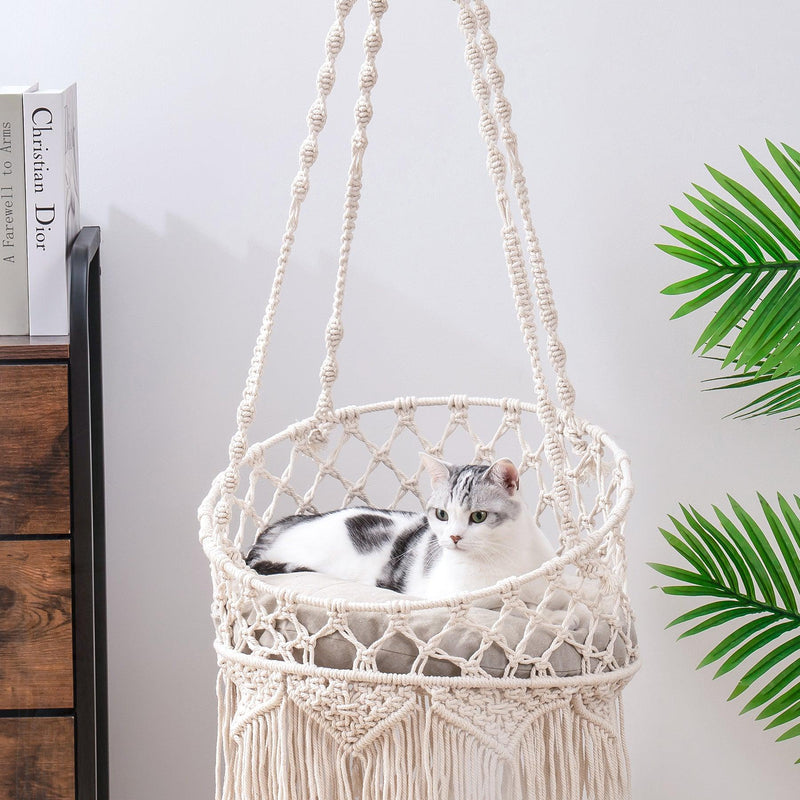 Macrame Cat Hammock, Hanging Cat Bed Hammock Cat Swing for Indoor Cats, Boho Cat Swing Bed for Sleeping