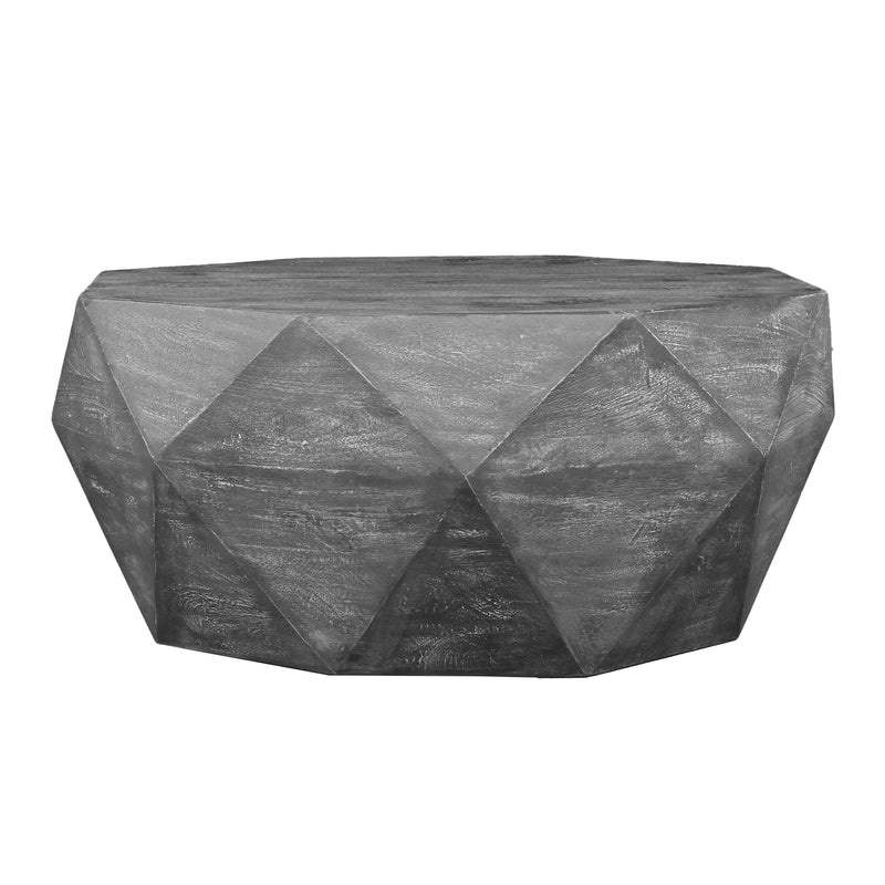 Ashton 34 Inch Handcrafted ManWood Coffee Table, Faceted Diamond Design, Drum Shape, Rustic Gray - Urban Living Furniture (Los Angeles, CA)