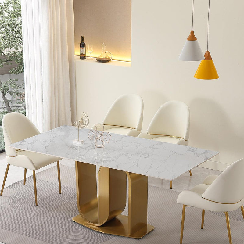 71" Contemporary Dining Table in Gold with Sintered Stone Top and  U shape Pedestal Base in Gold finish with 6 pcs Chairs . - Urban Living Furniture (Los Angeles, CA)