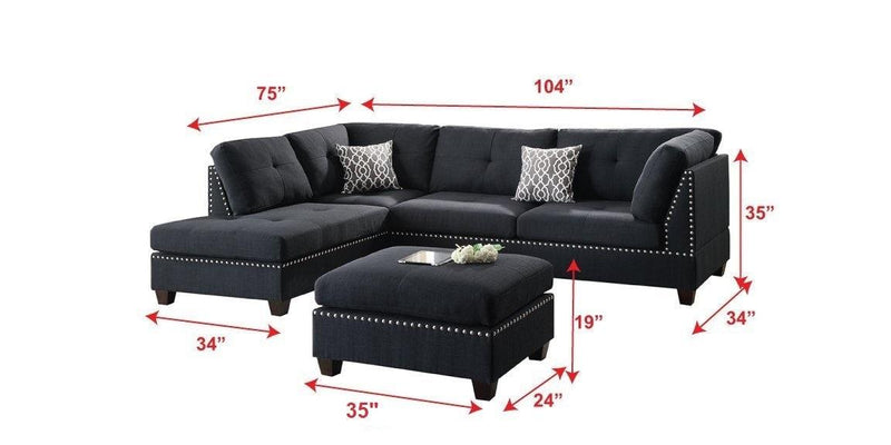 3-pcs Sectional Sofa Black Polyfiber Cushion Sofa Chaise Ottoman Reversible Couch Pillows - Urban Living Furniture (Los Angeles, CA)