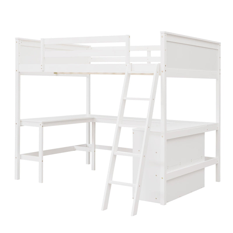 Full size Loft Bed with Shelves and Desk, Wooden Loft Bed with Desk - White