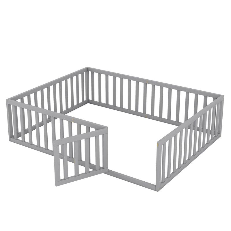 Queen Size Wood Floor Bed Frame with Fence and Door, Gray