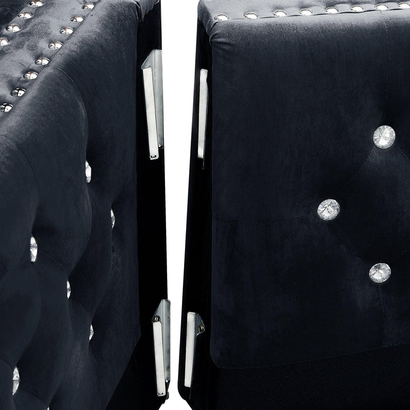 59.4 Inch Wide Black Velvet Sofa with Jeweled buttons,Square Arm ,2 Pillows