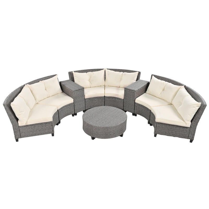 6 - Person Fan-shaped Rattan Suit Combination with Cushions and Table,Suitable for Garden