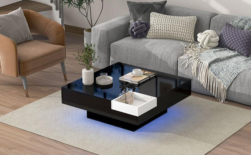 Modern Minimalist Design 31.5*31.5in Square Coffee Table with Detachable Tray and Plug-in 16-color LED Strip Lights Remote Control for Living Room - Urban Living Furniture (Los Angeles, CA)