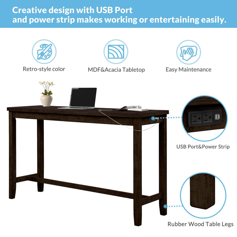 4 Pieces Counter Height Table with Fabric Padded Stools, Rustic Bar Dining Set with Socket, Brown - Urban Living Furniture (Los Angeles, CA)