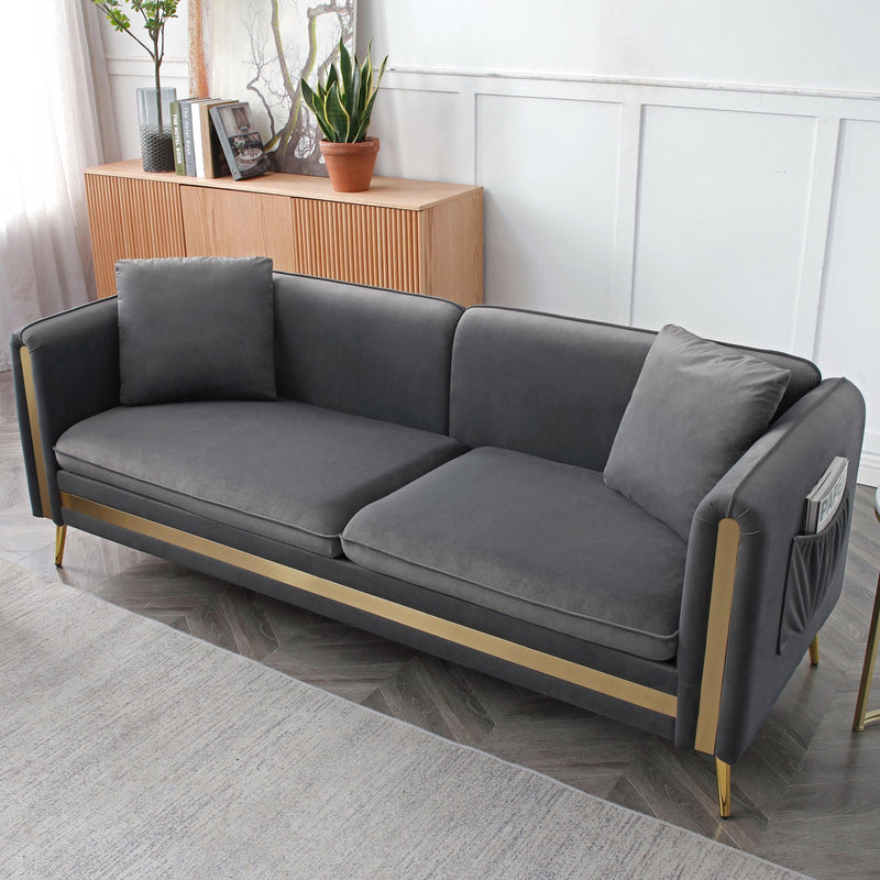 77.2”Modern Upholstered Velvet Sofa 3 Seater Couch with Removable Cushions Side Pocket Mid-Century Tufted Living Room Set ld Metal Legs,2 Pillows Included,Grey