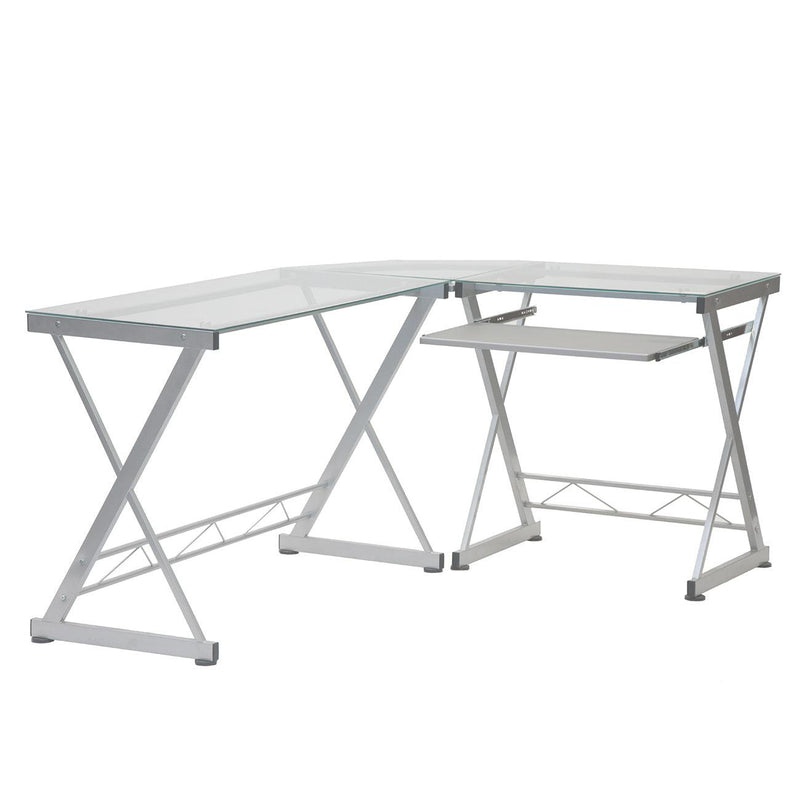 Techni Mobili L-Shaped Tempered Glass Top Computer Desk with Pull Out Keyboard Panel, Clear - Urban Living Furniture (Los Angeles, CA)