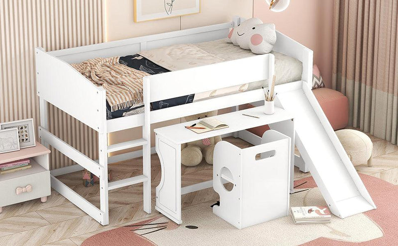 Low Study Twin Loft Bed with Rolling Portable Desk and Chair,Multiple Functions Bed- White