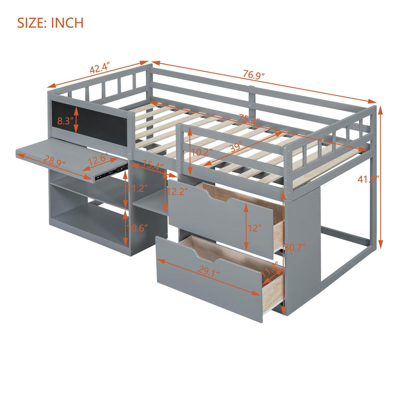 Twin Size Low Loft Bed with Rolling Desk, Shelf and Drawers - Gray - Urban Living Furniture (Los Angeles, CA)