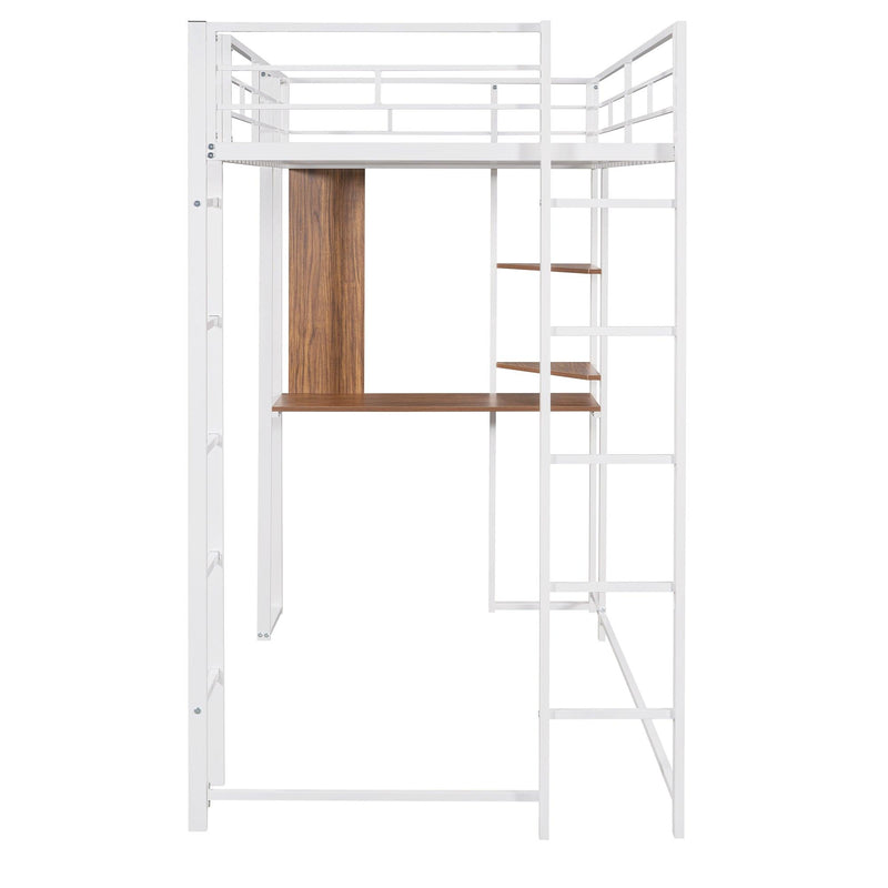 Twin Metal Loft Bed with 2 Shelves and one Desk ,WHITE