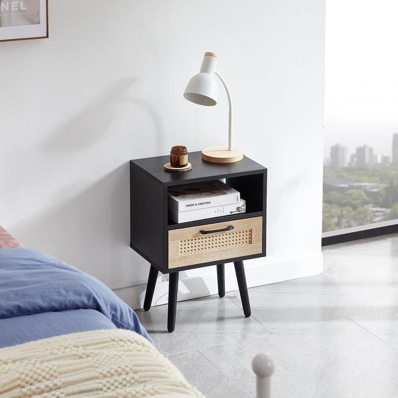 15.75" Rattan End table with  drawer and solid wood legs,Modern nightstand, side table for living roon, bedroom, black