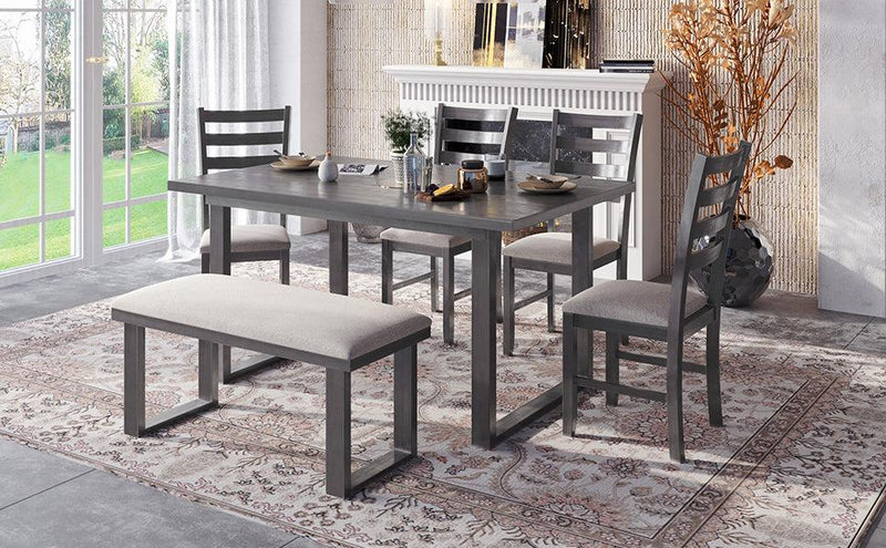 6-Pieces Family Furniture, Solid Wood Dining Room Set with Rectangular Table & 4 Chairs with Bench(Gray)