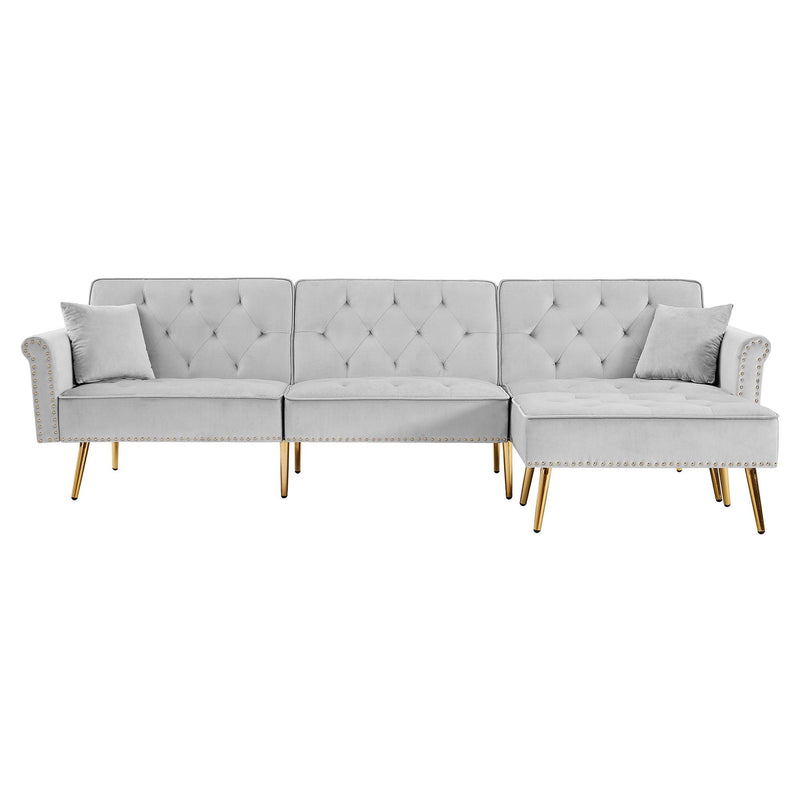 Modern Velvet Upholstered Reversible Sectional Sofa Bed , L-Shaped Couch with Movable Ottoman and Nailhead Trim For Living Room. (Light Grey)