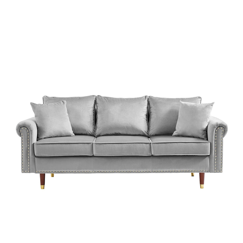 GREY Velvet Sofa Couch with 2 Pillows,Modern 3 Seater Sofa With Wood Legs for Living Room and Bedroom . - Urban Living Furniture (Los Angeles, CA)