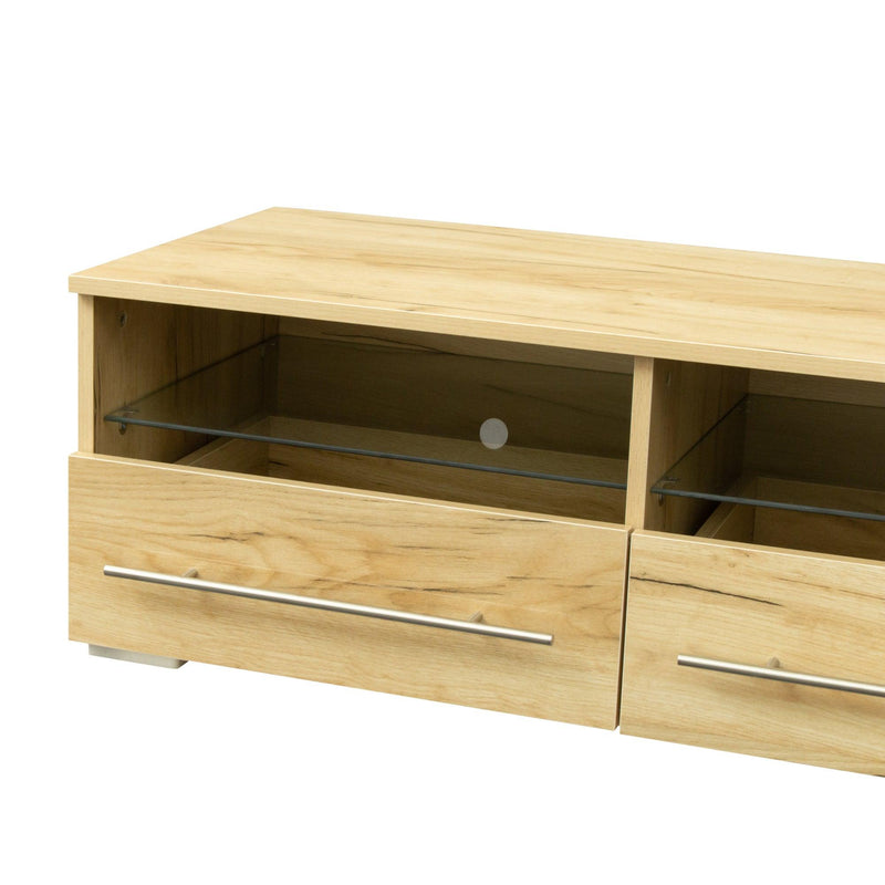 The Wood grain color TV cabinet has two drawers with color-changing light strips