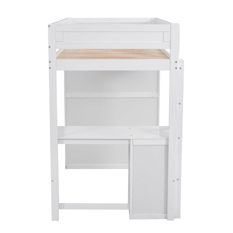 Wood Twin Size Loft Bed with Wardrobes and 2-Drawer Desk with Cabinet, White