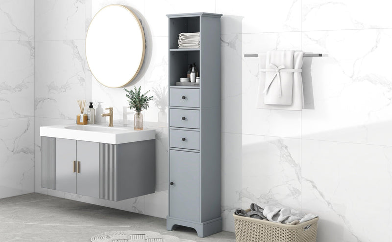 Grey Tall Bathroom Cabinet, FreestandingStorage Cabinet with 3 Drawers and Adjustable Shelf, MDF Board with Painted Finish - Urban Living Furniture (Los Angeles, CA)