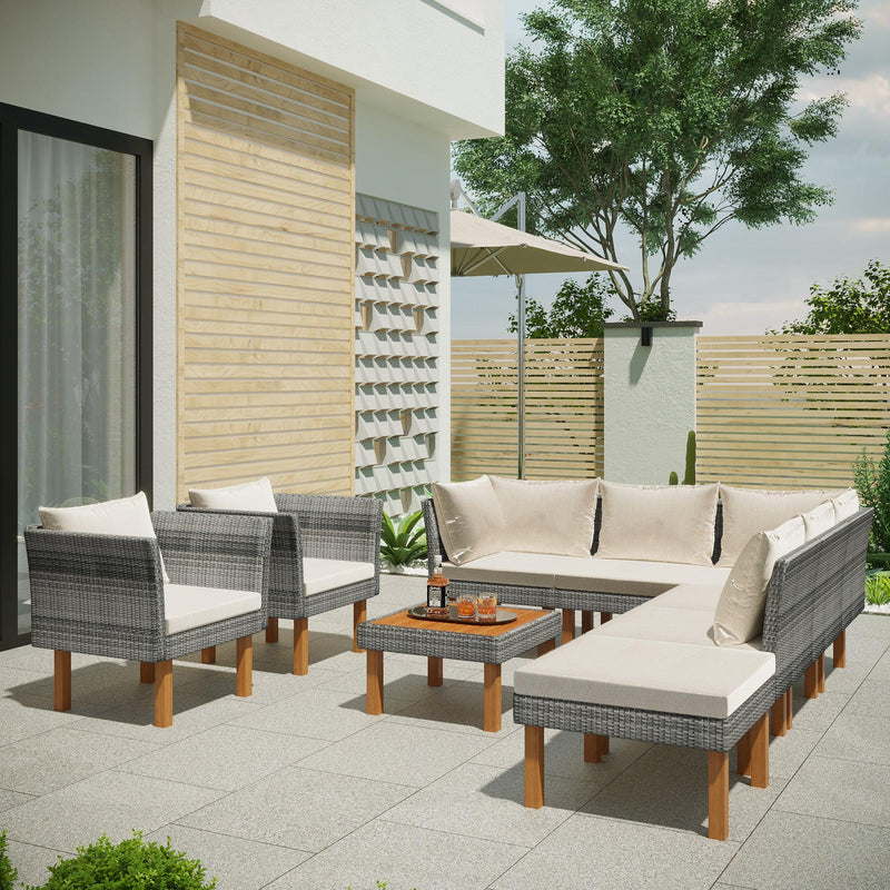 9-Piece Outdoor Patio Garden Wicker Sofa Set, Gray PE Rattan Sofa Set, with Wood Legs, Acacia Wood Tabletop, Armrest Chairs with Beige Cushions - Urban Living Furniture (Los Angeles, CA)