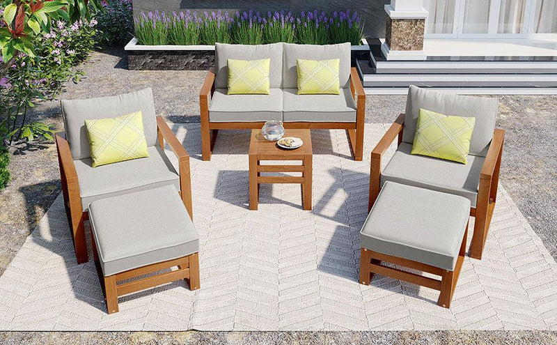 Outdoor Patio Wood 6-Piece Conversation Set, Sectional Garden Seating Groups Chat Set with Ottomans and Cushions for Backyard, Poolside, Balcony, Grey - Urban Living Furniture (Los Angeles, CA)