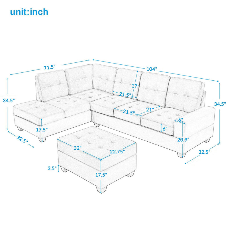 Sectional Sofa with Reversible Chaise Lounge, L-Shaped Couch withStorage Ottoman and Cup Holders - Urban Living Furniture (Los Angeles, CA)