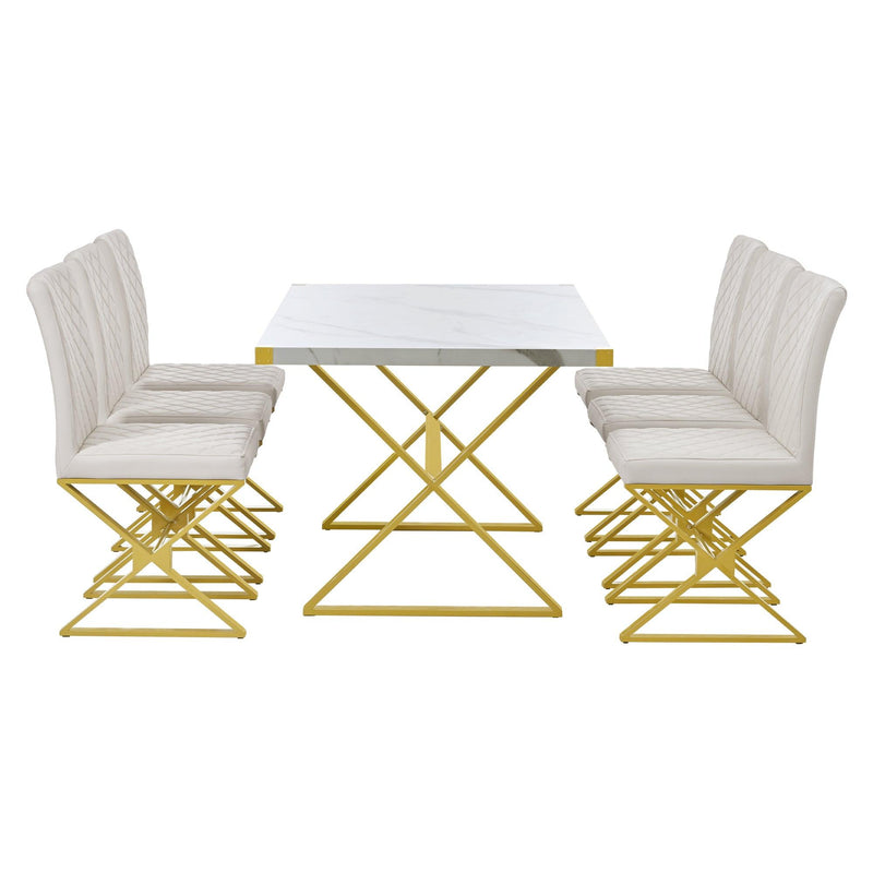 7-PieceModern Dining Table Set, Rectangular Marble Texture Kitchen Table and 6 PU leather Chairs with X-Shaped Gold Steel Pipe Legs for Dining Room (White) - Urban Living Furniture (Los Angeles, CA)