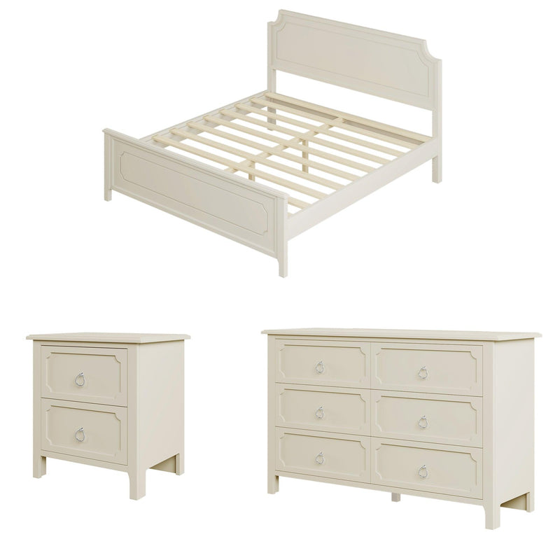 3 Pieces Bedroom Sets Milky White Solid Rubber Wood King Size Platform Bed with Nightstand and Dresser
