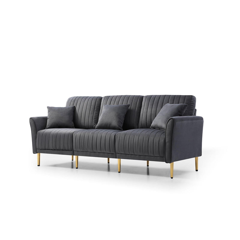 Modern Velvet Upholstered Sofa Couch 3 Seat Channel Tufted Back and Cushion Seat, Metal Legs, Sleeper Sofa for Living Room, Compact Living Space, Apartment, Bonus Room, Grey - Urban Living Furniture (Los Angeles, CA)