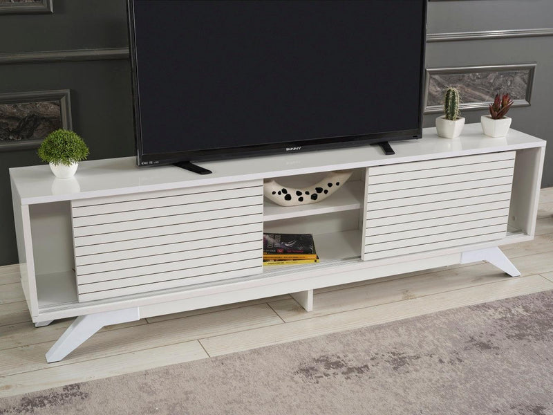 Luxia Mid CenturyModern Tv Stand 2 Sliding Door Cabinet 2 Shelves 67 inch Tv Uni, White - Urban Living Furniture (Los Angeles, CA)