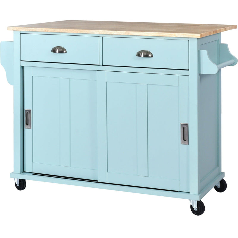 Kitchen Cart with Rubber wood Drop-Leaf Countertop, Concealed sliding barn door adjustable height,Kitchen Island on 4 Wheels withStorage Cabinet and 2 Drawers,L52.2xW30.5xH36.6 inch, Mint Green - Urban Living Furniture (Los Angeles, CA)