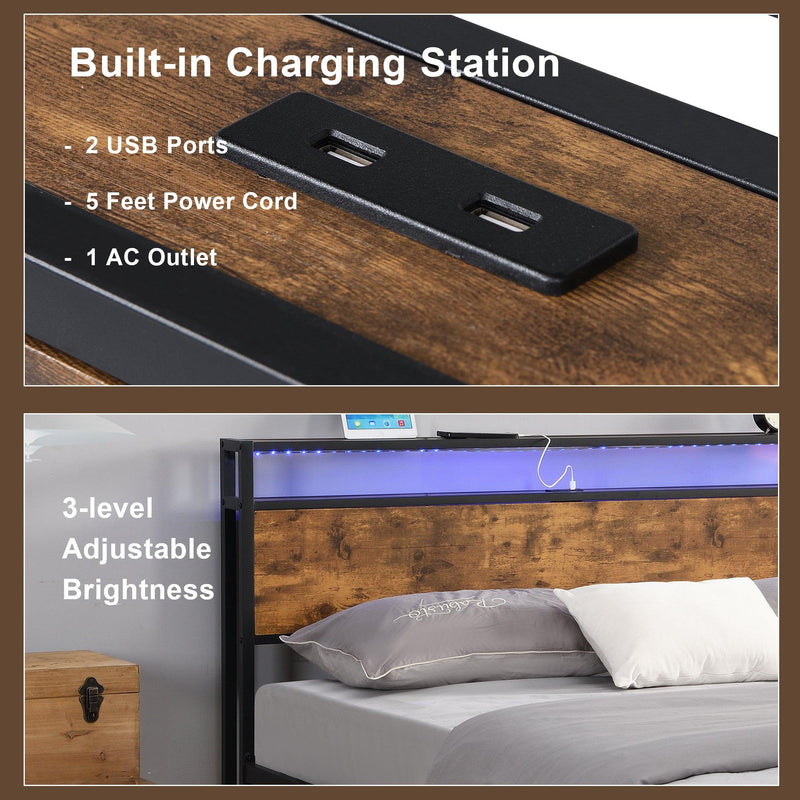 Industrial Queen Bed Frame with LED Lights and 2 USB Ports, Bed Frame Queen Size withStorage, Noise Free, No Box Spring Needed, Rustic Brown