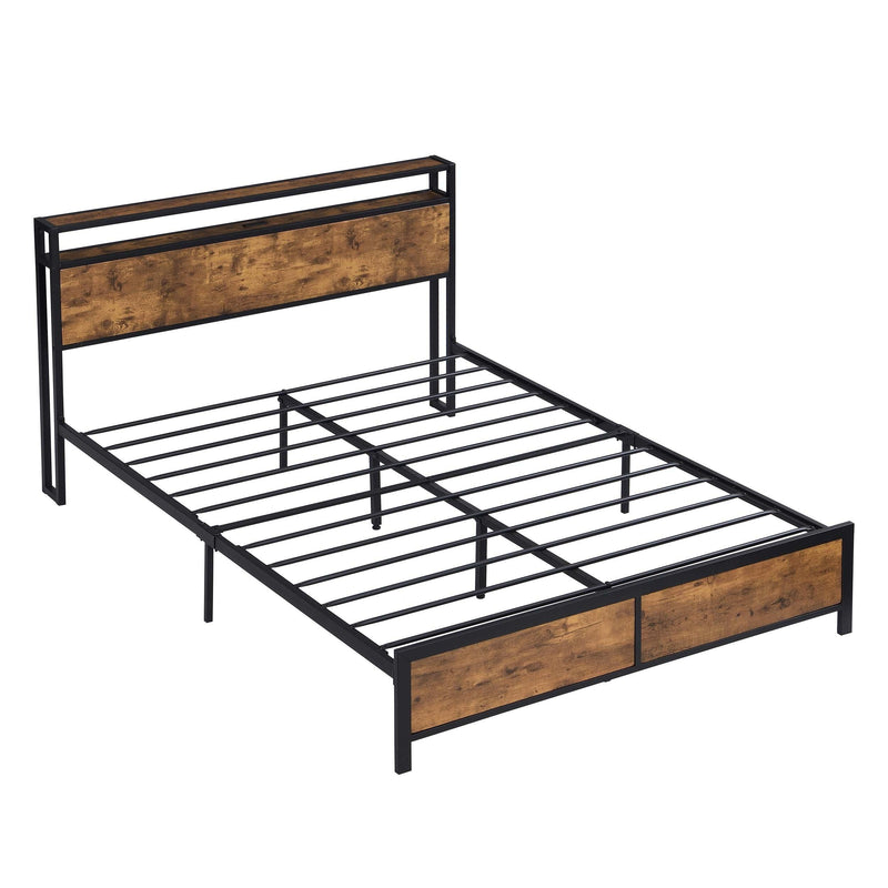 Industrial Queen Bed Frame with LED Lights and 2 USB Ports, Bed Frame Queen Size withStorage, Noise Free, No Box Spring Needed, Rustic Brown