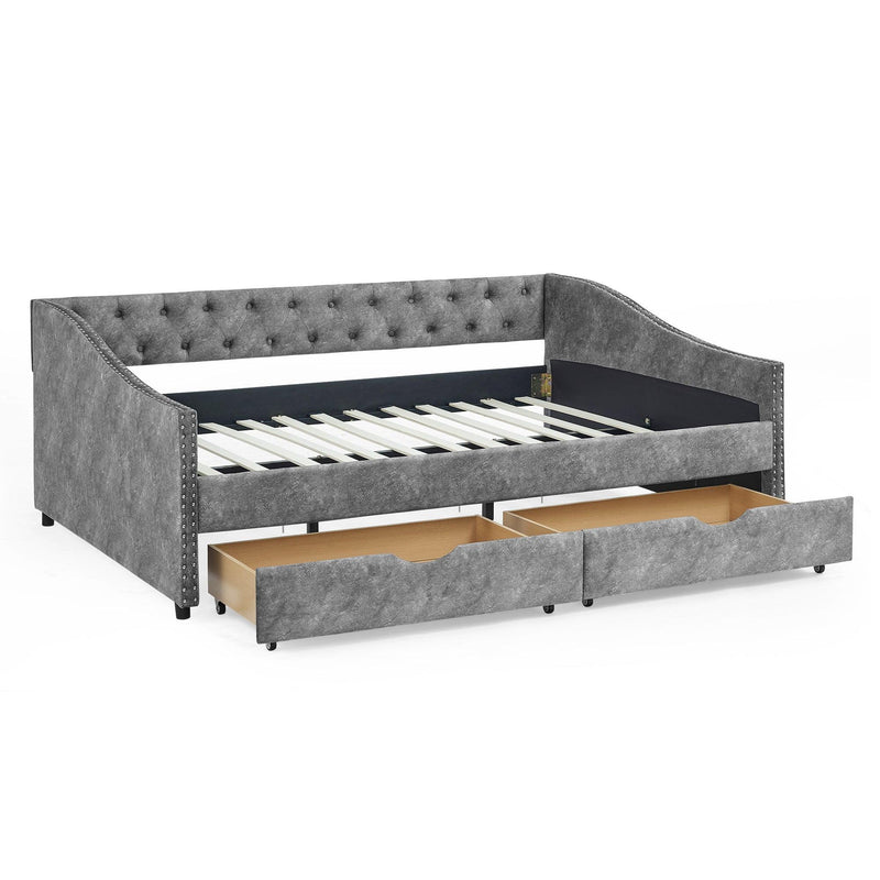 Full Size Daybed with Drawers Upholstered Tufted Sofa Bed, with Button on Back and Copper Nail on Waved Shape Arms，Grey（80.5“x55.5”x27.5“） - Urban Living Furniture (Los Angeles, CA)