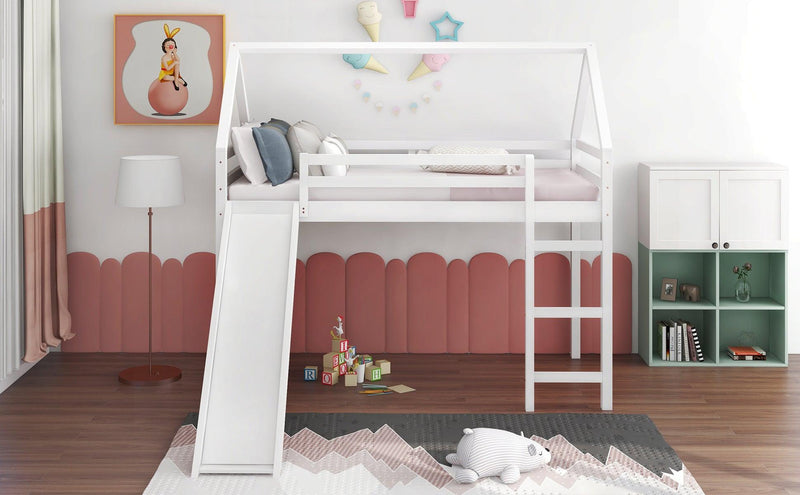 Twin Size Loft Bed with Slide, House Bed with Slide,White - Urban Living Furniture (Los Angeles, CA)