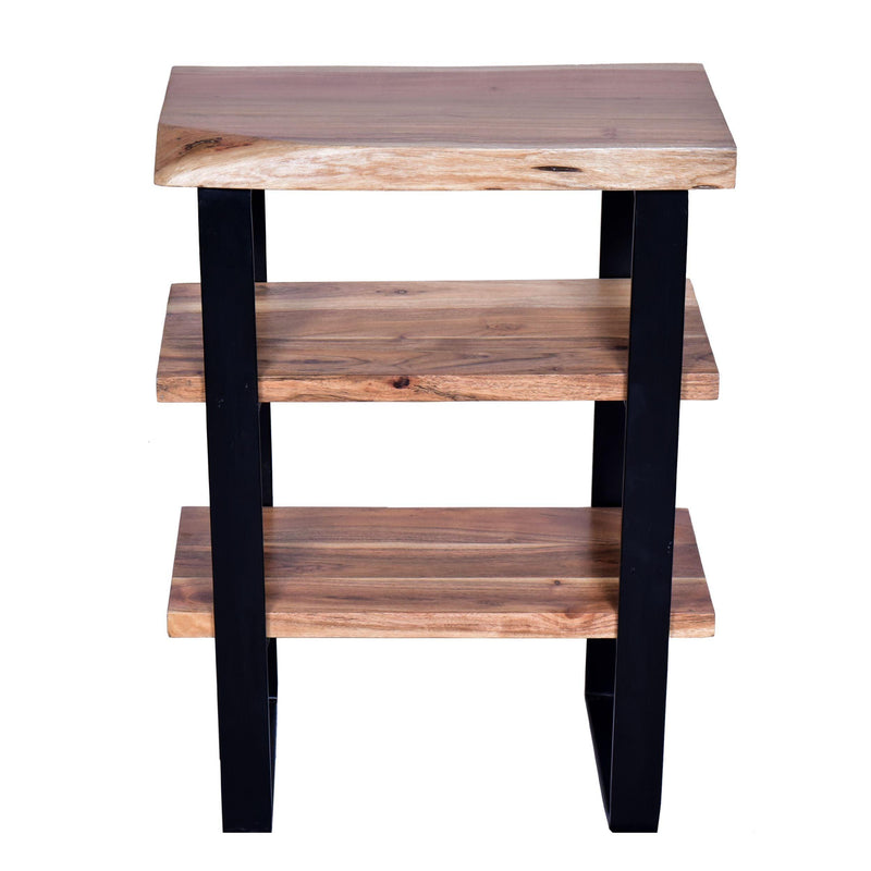 20 Inches Industrial End Side Table with Artisinal Live Edge Wood, Metal Legs, Brown, Black