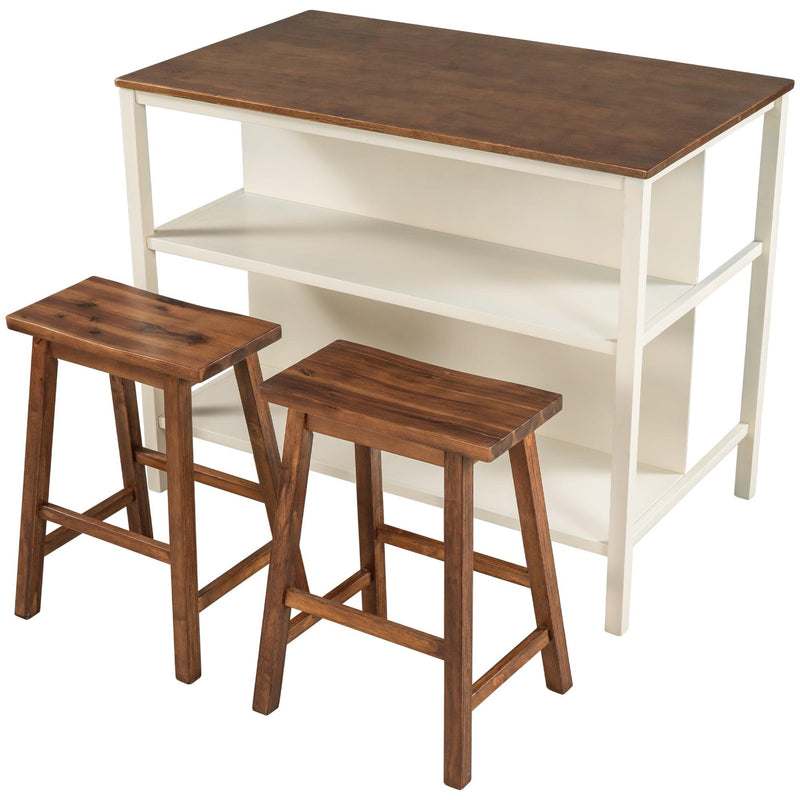 Solid Wood Rustic 3-piece 45" Stationary Kitchen Island Set with 2 Seatings, Rubber Wood Butcher Block Dining Table Set Prep Table Set with 2 Open Shelves for Small Places,Walnut+Cream White - Urban Living Furniture (Los Angeles, CA)