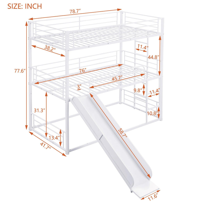 Twin Size Metal Bunk Bed with Ladders and Slide, Divided into Platform and Loft Bed, White - Urban Living Furniture (Los Angeles, CA)