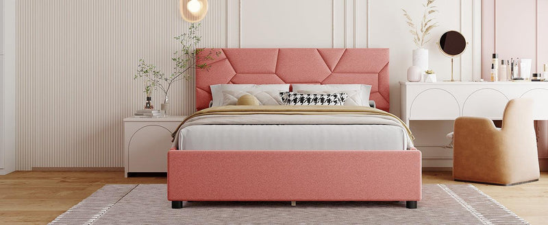 Full Size Upholstered Platform Bed with Brick Pattern Heardboard and 4 Drawers, Linen Fabric, Pink