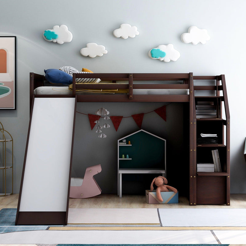 Twin Size Loft Bed withStorage and Slide, Espresso
