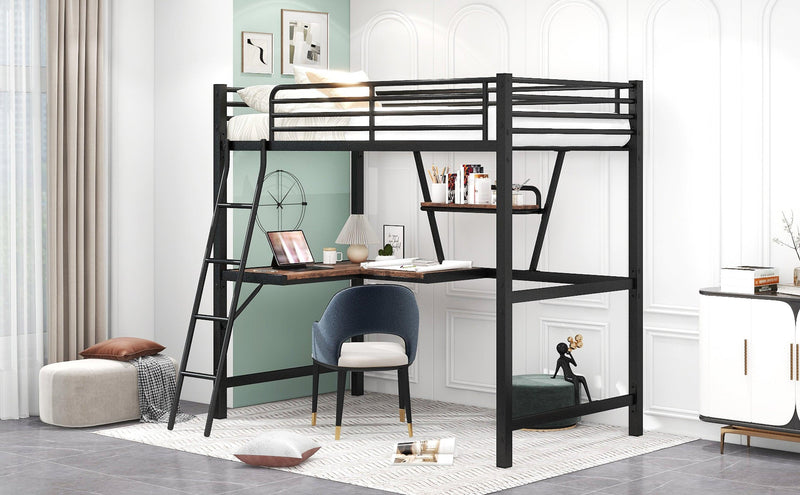 Twin Size Loft Metal&MDF Bed with Desk and Shelf, Black