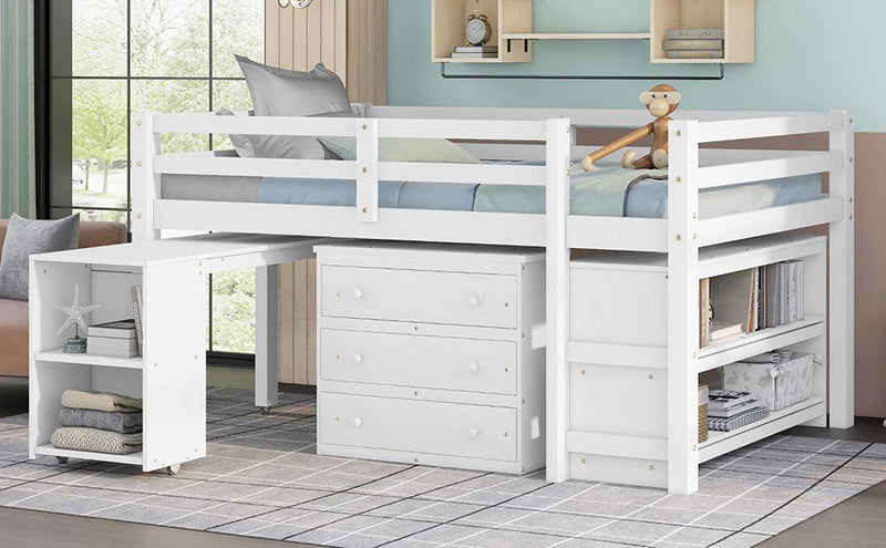 Low Study Full Loft Bed with Cabinet ,Shelves and Rolling Portable Desk ,Multiple Functions Bed- White - Urban Living Furniture (Los Angeles, CA)