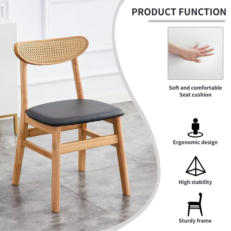 Solid Wood Dining Chair Stylish and Durable Small with Curved Backrest, PU+Foam Cushion, and Plastic Rattan Surface - Perfect for Any Room Décor and Daily Use (Set of 4)